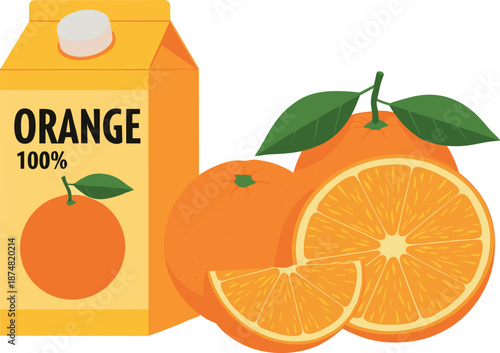 Orange juice carton with fresh whole and sliced oranges isolated on white background vector illustration for healthy breakfast concept.