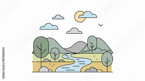 Winding river flowing through lush natural landscape with dense shrubs, rolling hills, and distant mountains