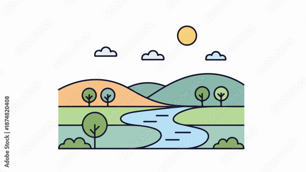 Obraz premium Winding river flowing through lush green grass and shrubbery with rolling hills and a bright yellow sun in the background