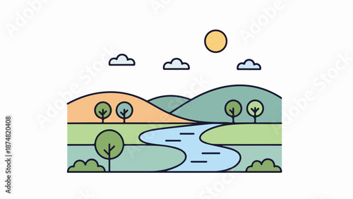 Winding river flowing through lush green grass and shrubbery with rolling hills and a bright yellow sun in the background