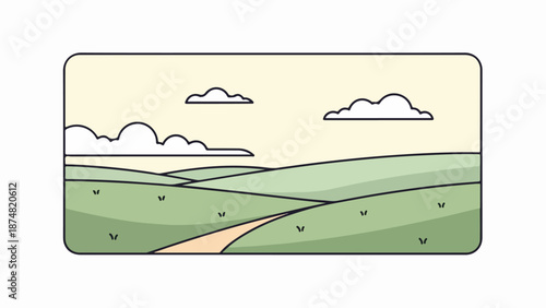 Tranquil countryside landscape with rolling hills and a winding dirt path at dawn or dusk