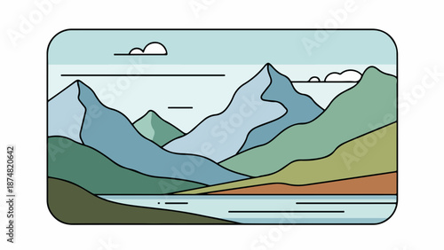 Serene mountainous landscape illustration with body of water and rolling hills