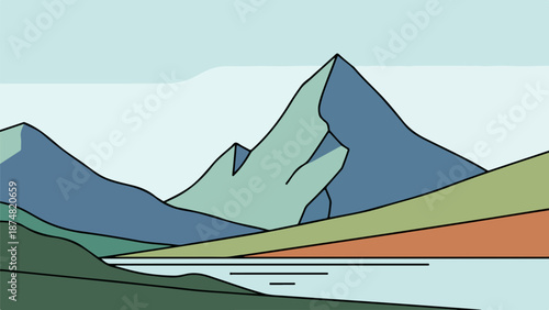 Stylized mountainous landscape with deep blues and vibrant greens
