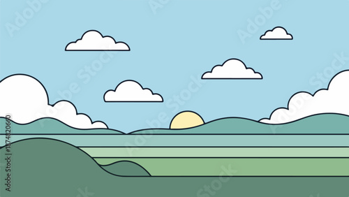 Rolling hills under a vast cloud-dotted sky with a partially visible sun