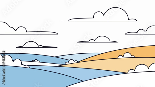 Minimalist landscape illustration of rolling hills and valleys with soft muted colors
