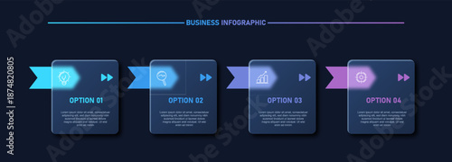 Glassmorphism Business Infographic with 4 Options and Icons on dark background for Process Presentation