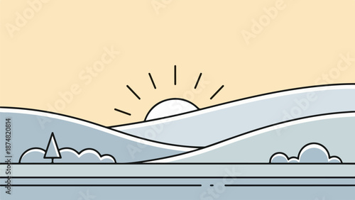 Serene landscape illustration of a sunrise or sunset over a calm body of water with rolling hills and a solitary tree