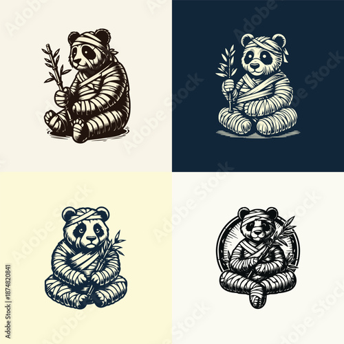 Mummy Panda Holding Bamboo logo template