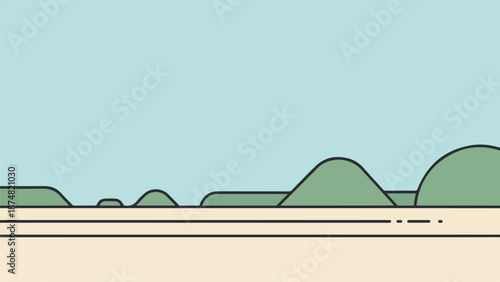 Minimalist landscape of a desert or plain with rolling hills and a light blue sky