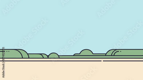 Minimalist landscape of rolling green hills with a light brown plain and light blue sky