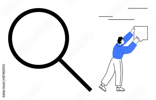 Search concept. A magnifying glass exploration and investigation, while a person raises a sign advocacy and communication. For research, education, analysis, user engagement, and awareness campaigns