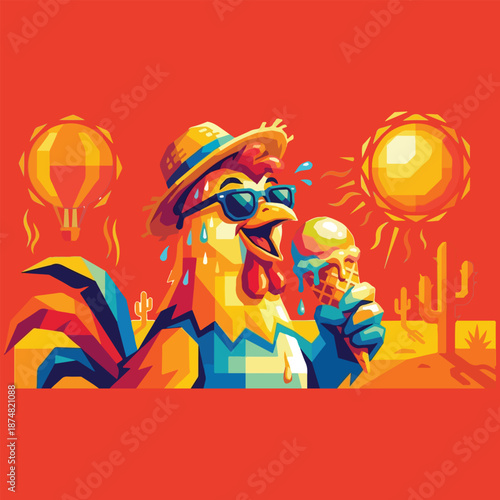 Hot Summer Day Rooster Chilling with Ice Cream