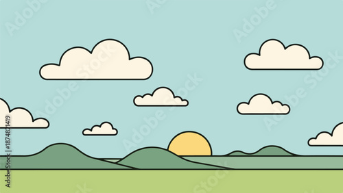 Serene landscape with rolling green hills under a light blue sky with fluffy white clouds
