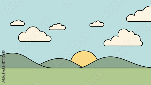 Stylized landscape illustration of a sunrise or sunset over rolling hills with a soft blue sky and fluffy white clouds