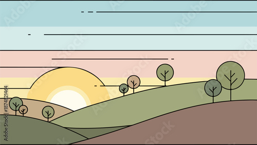Rural landscape with rolling hills and circular trees at dawn or dusk