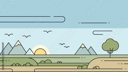 Serene landscape illustration with mountains, meadow, and tree at sunrise or sunset