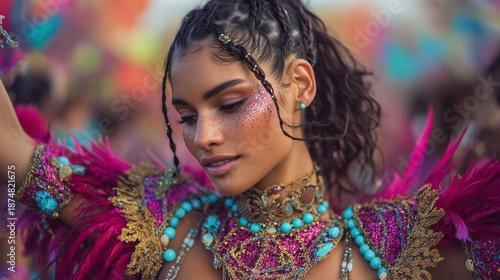Vibrant dancer performs during Carnaval de Cozumel in Quintana Roo, Mexico, showcasing stunning costume and makeup in a lively celebration atmosphere with joyful crowd.