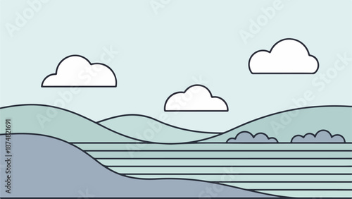 Serene landscape with undulating land and water in soft blue and gray tones