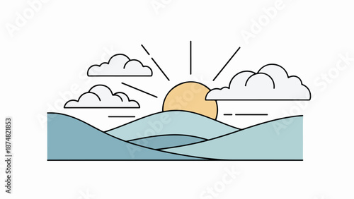 Minimalist landscape with blue-green terrain, hills, and a radiant yellow sun
