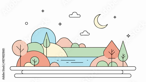 Abstract landscape with pastel hills, trees, and a crescent moon