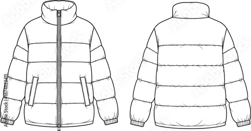 Puffer jacket technical fashion design front back view, cad drawing flat vector illustration for apparel manufacturing pattern development template blueprint