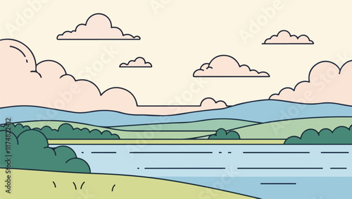 Illustration of a serene landscape with a grassy area, calm river, and rolling hills under a pastel sky