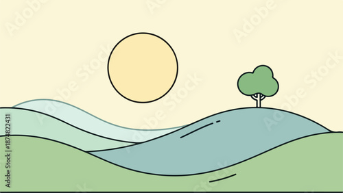 Illustration of a serene natural landscape with rolling green hills, a pale blue sky, and a warm yellow sun