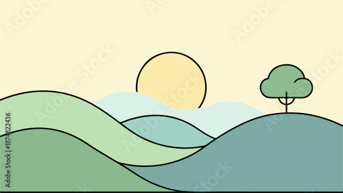 Minimalist landscape illustration with rolling green hills, a solitary tree, and a warm sunrise or sunset