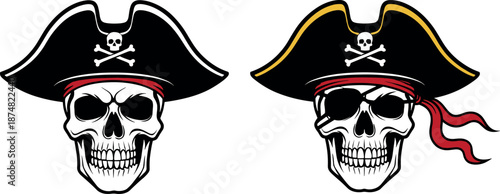 Pirate skull wearing captain hat with jolly roger symbol and red bandana vector illustration isolated on white background.