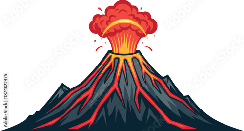 Powerful volcanic eruption vector illustration with glowing red lava flows and thick smoke plume isolated on white background.