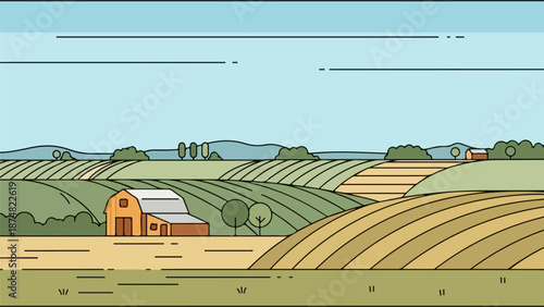 Rural countryside landscape illustration with a dirt path, rustic barn, and rolling hills