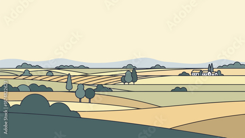 Patchwork agricultural plain with distant village and trees