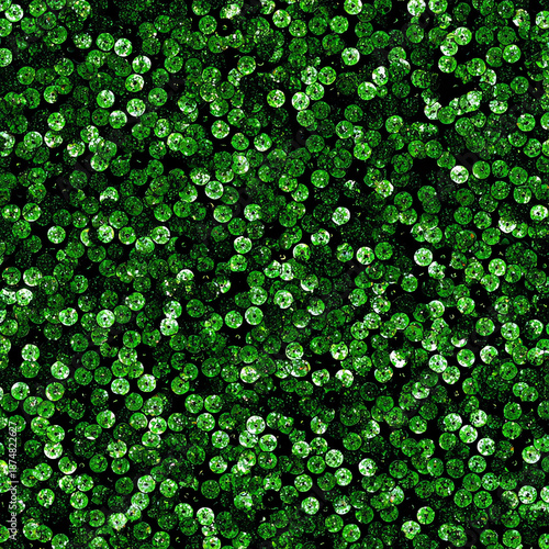 a seamless pattern of tiny green sequins, high resolution, highly detailed, on a black background.