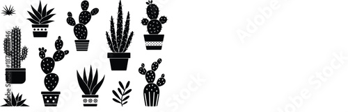 Collection of black cactus and succulent silhouettes in decorative pots isolated on white background vector.