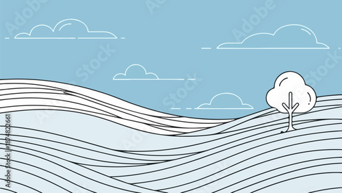 Serene landscape illustration with rolling hills, muted blue sky, and a solitary tree
