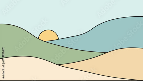 Minimalist landscape with arid terrain, green hills, and light blue sky or water