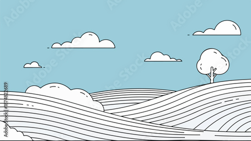 Illustration of a vast open field with rolling hills and a single tree in the foreground