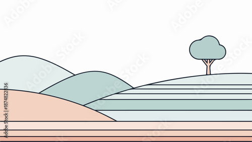 Minimalist landscape illustration of rolling hills with a solitary tree and pastel sky