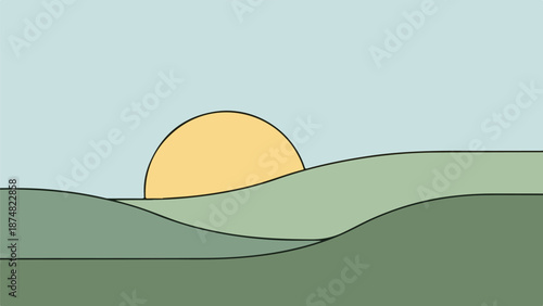 Minimalist landscape of rolling hills with a partially obscured sun at dawn or dusk