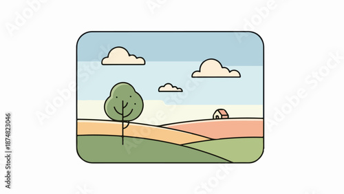 Cheerful anthropomorphized tree in a serene landscape with a quaint house and rolling hills