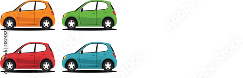 Set of four colorful compact hatchback car vector illustrations in orange green red and blue.