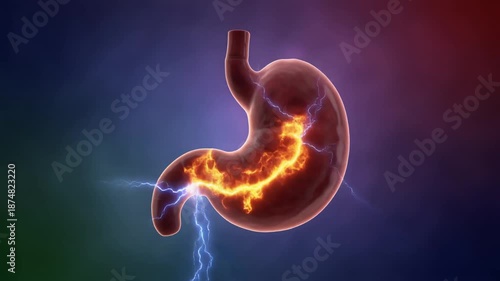 Stylized Human Stomach with Glowing Pain and Electric Discharges