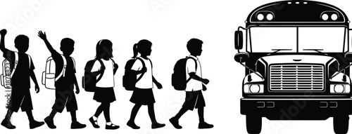 School bus and students silhouettes vector illustration, featuring children with backpacks walking towards transport vehicle on white background for education safety,
