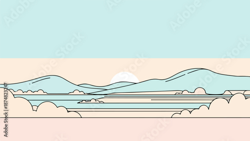 Serene landscape illustration with calm water, rolling hills, and distant mountains under a soft pink and blue sky