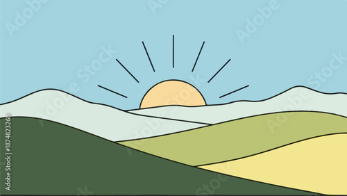 Bright sun with black rays over rolling hills and valleys in a serene landscape