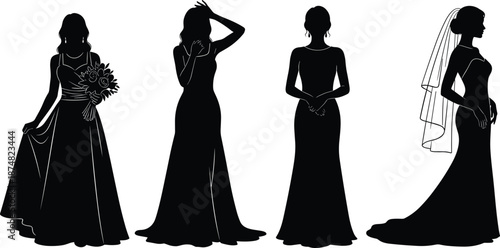 Set of Beautiful Bride Silhouettes in Elegant Wedding Dresses, Featuring Bridal Veils and Flower Bouquets, Isolated Vector Illustration for Marriage Ceremony Design
