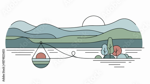Illustration of a serene natural scene with a red and green spherical lantern, calm water, trees, and rolling hills