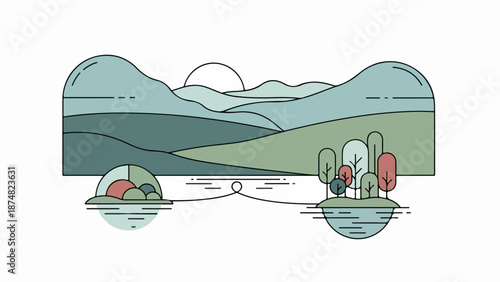 Serene landscape with rolling hills, distant mountains, and a reflective body of water at sunset