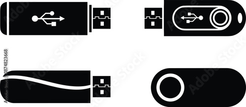 Set of black flat vector icons showing various USB flash drive designs, portable memory sticks, data storage devices isolated on white background, digital hardware.