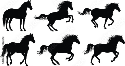 Set of black horse silhouettes in various poses including galloping, jumping, and standing, isolated vector illustration for equestrian design and horse racing